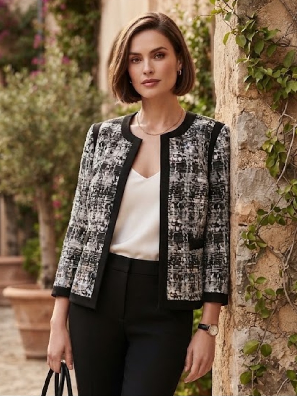 NWT Nipon Boutique black white woven open blazer